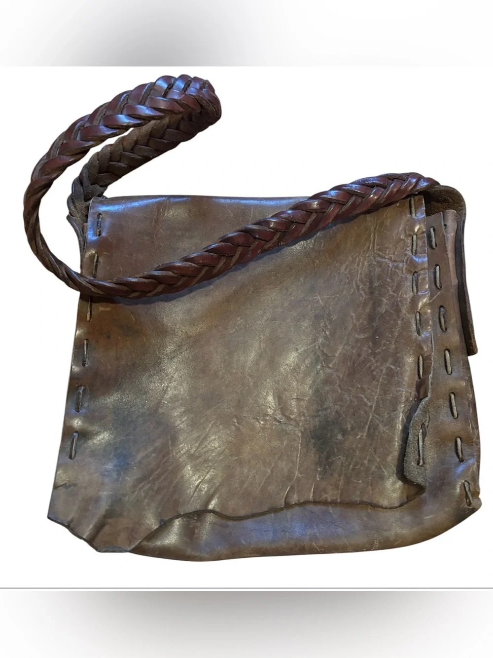 Large Brown Handmade Leather Satchel With Braided Sturdy Strap | Hippie Travel